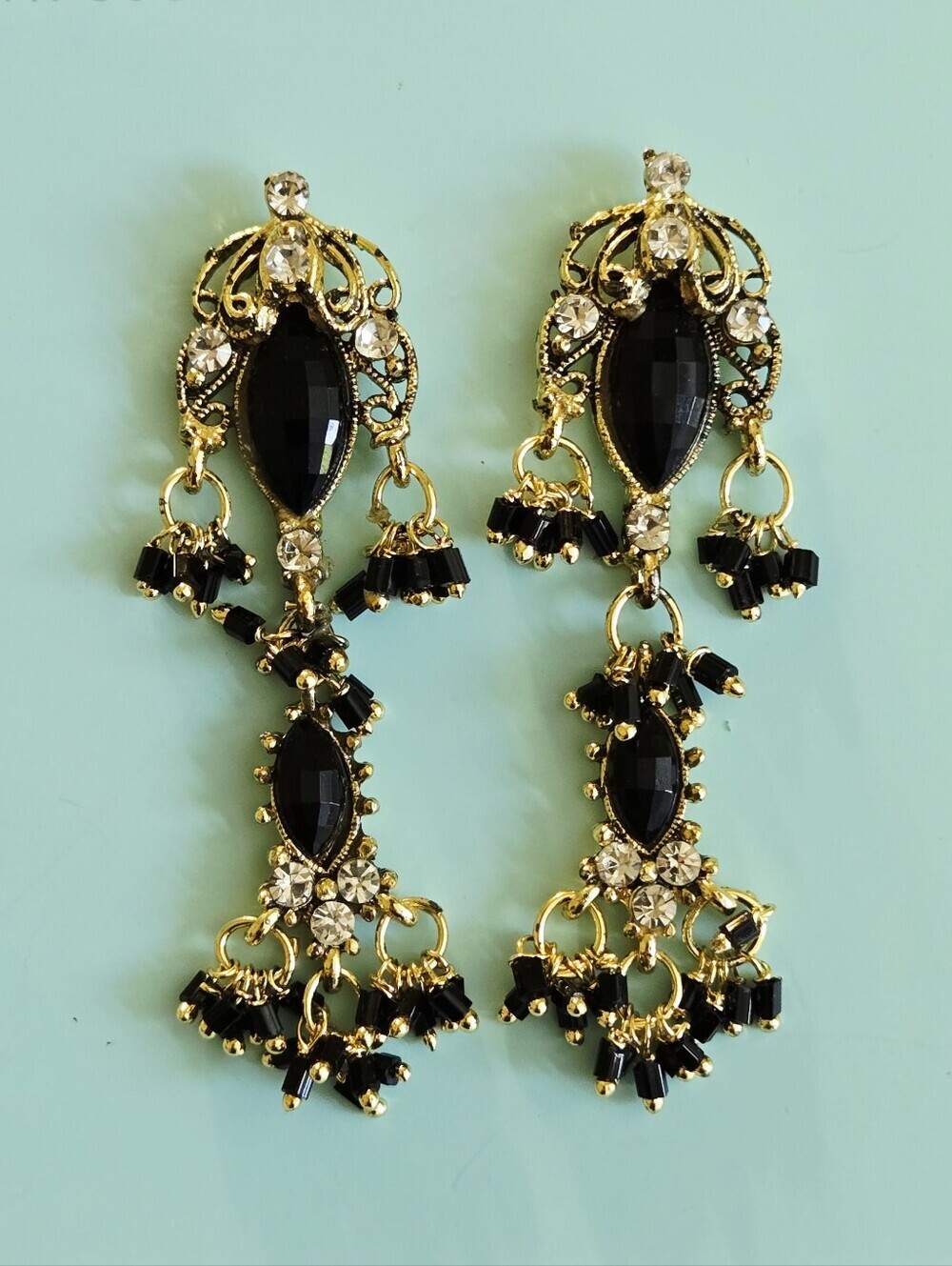 Vintage Black and Gold chandelier earrings - Women Jewelry - Picture 14 of 16